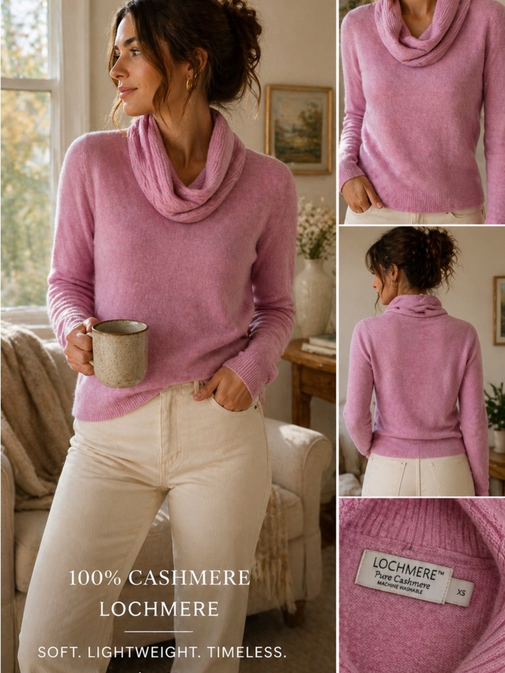 100% Cashmere Lochmere Pink Sweater XS Cowl Neck Soft Knit Lightweight Cozy